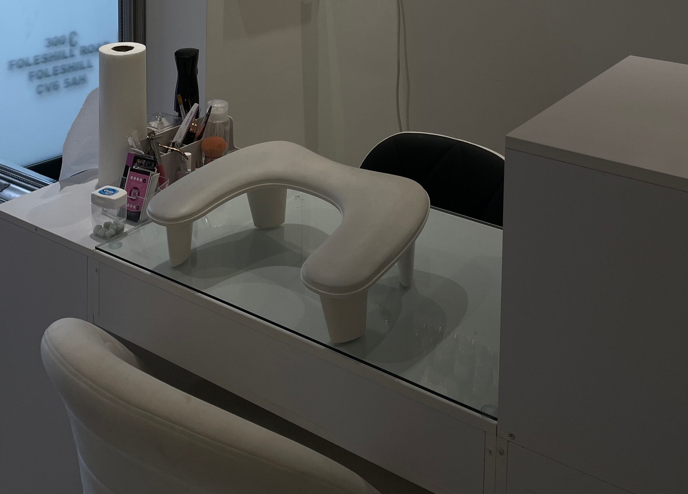 Manicure station at Bn Studio, Coventry, England, GB. Modern design with nail care tools.