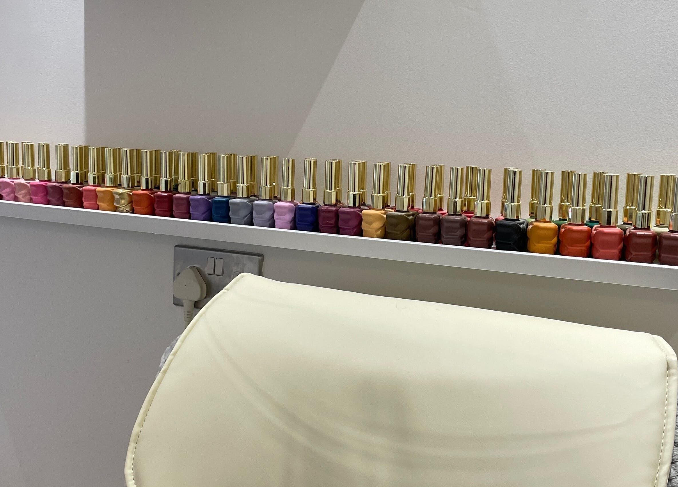 Colorful nail polish on shelf at Bn Studio, Coventry, England, GB.