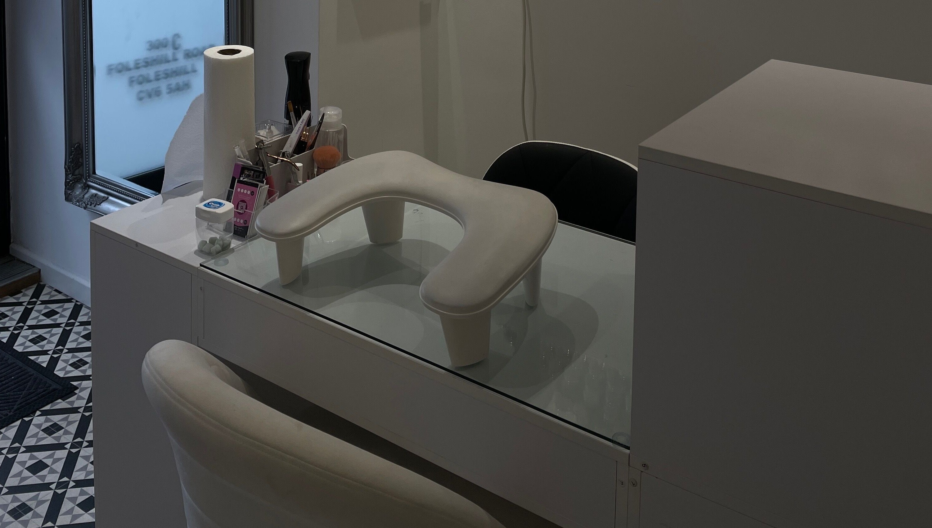 Manicure station at Bn Studio in Coventry, England, GB, showcasing sleek design and beauty tools.