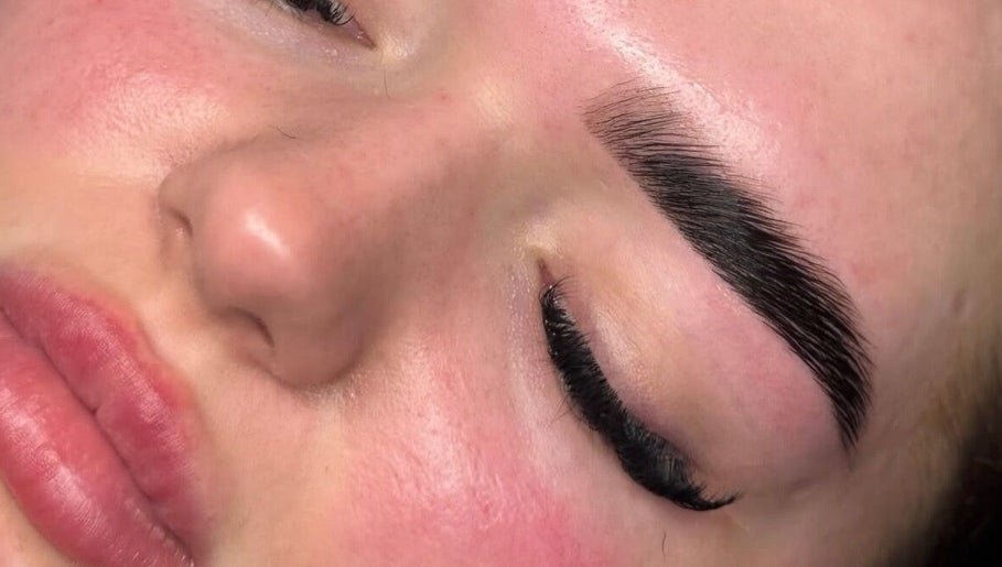 Close-up of lush eyelashes and brows at Km Lashes, Bury St Edmunds, England, GB.