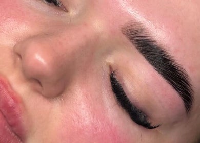 Close-up of lush eyelashes and brows at Km Lashes, Bury St Edmunds, England, GB.