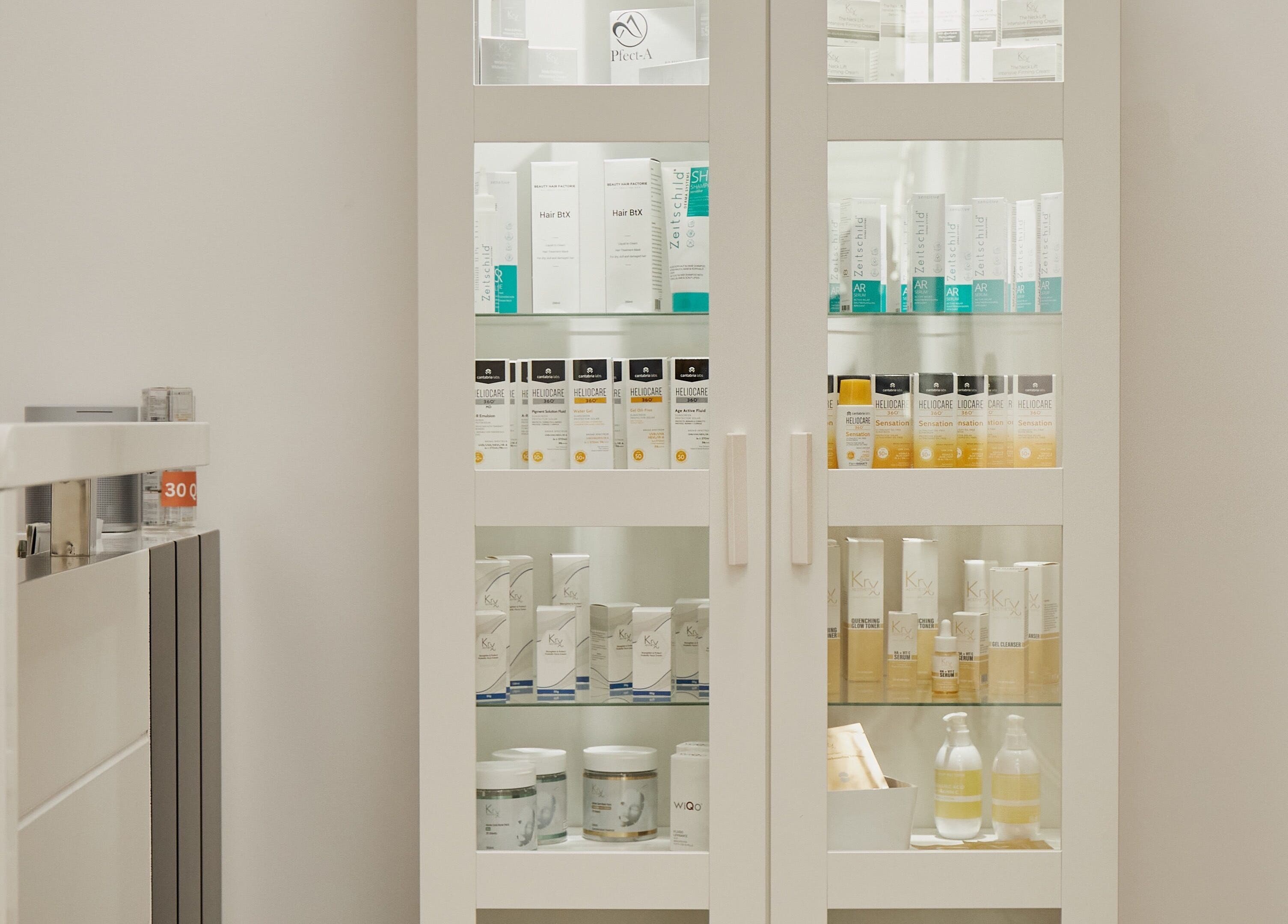 Premium skincare products on shelf at Skin Masters Aesthetics Center, Lusail, Al Daayen Municipality, QA.