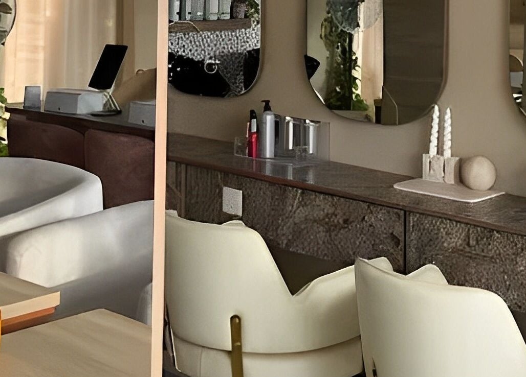 Modern salon seating at Hello Texture in Lekki, Lagos, NG with elegant decor and ambient lighting.