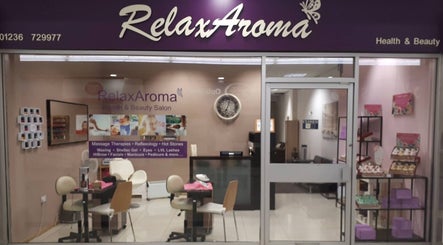 Front of RelaxAroma beauty salon in Cumbernauld, Scotland, GB showcasing inviting interior.