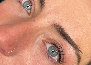 Close-up of freshly done eyelashes at Lashed by Jade, Heysham, England, GB.