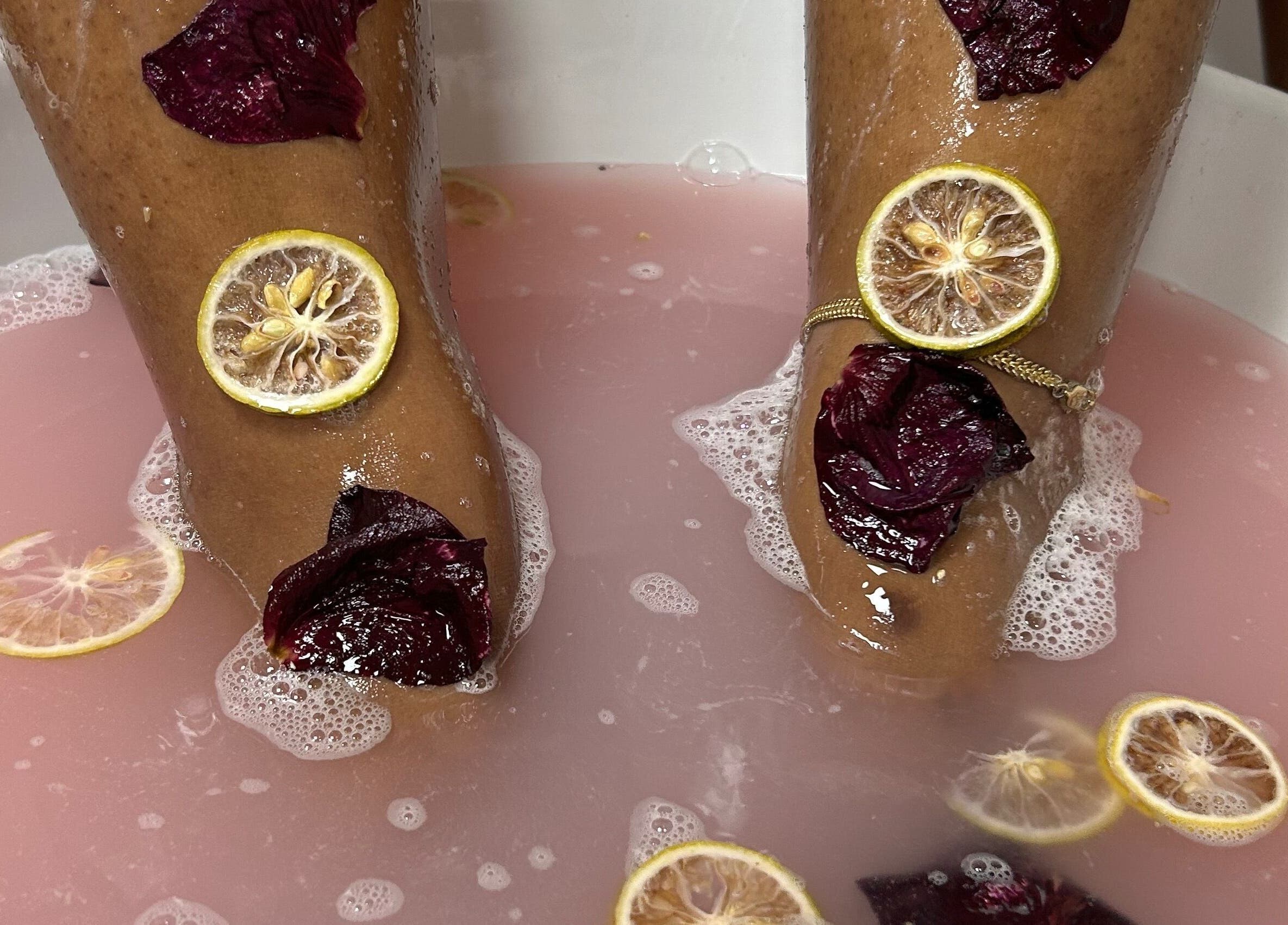 Luxurious foot bath with petals and citrus at Fayva Day Spa, Chaguanas, Chaguanas, TT for ultimate relaxation.