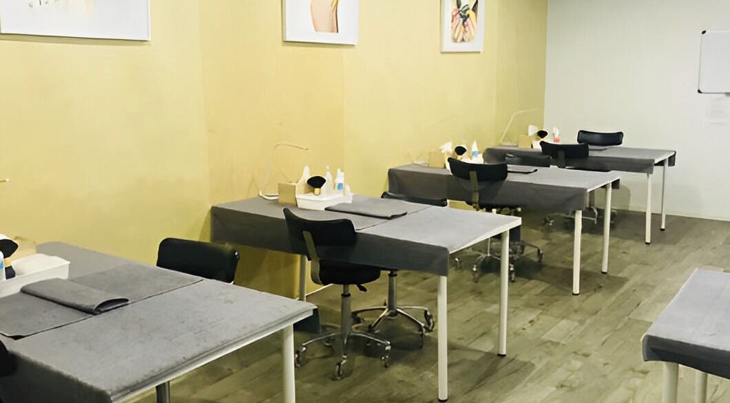 Polished nail station setup at Ccbt Student Salon, Melbourne, Victoria, AU. Modern and clean interior view.