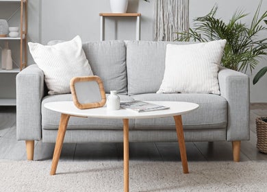 Salon moderne à Acha Home Service spa, Dubai, Dubai, AE avec canapé gris et plantes vertes.