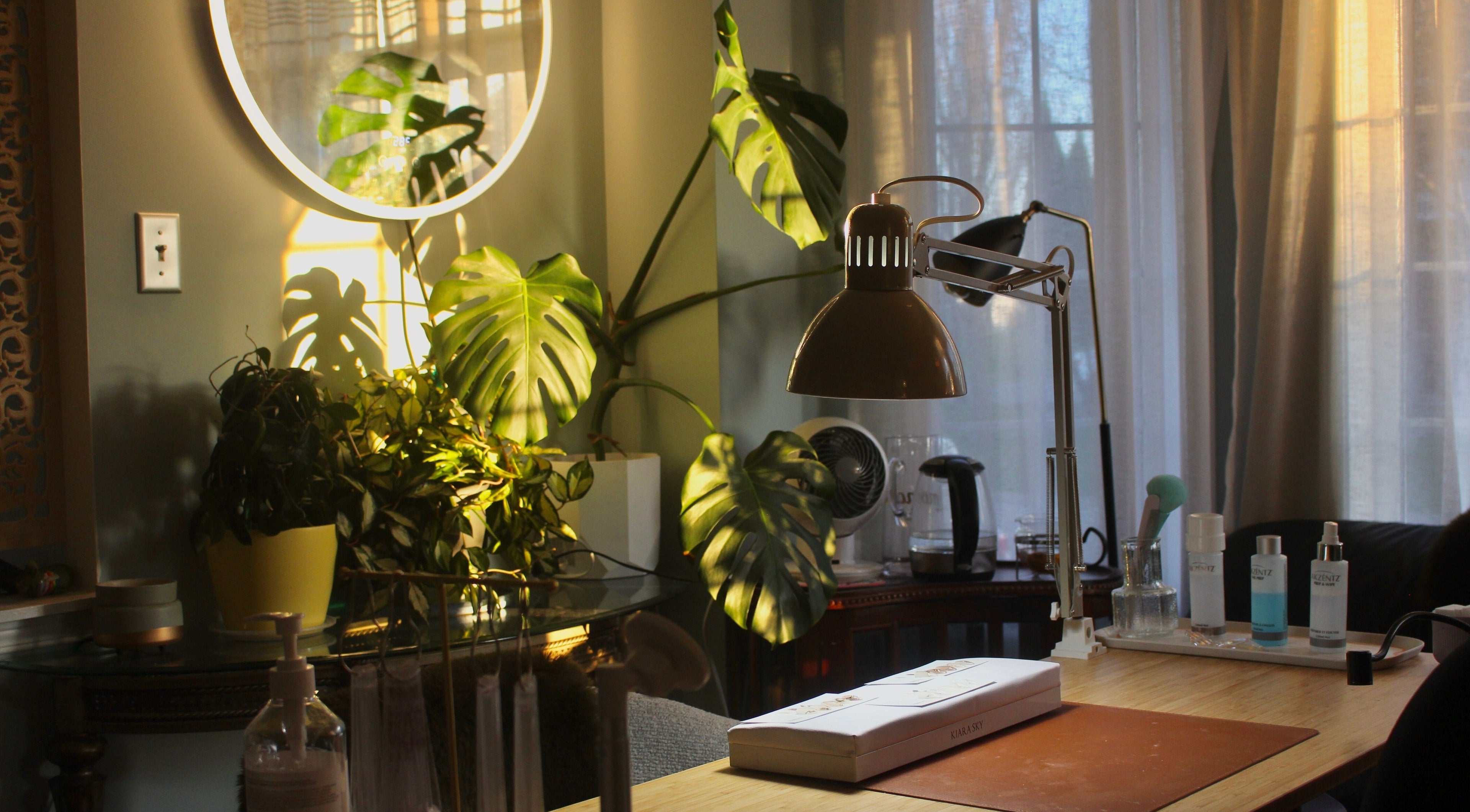 A sunlit workspace at Reach Medspa & Manicures, Mississauga, Ontario, CA. Desk with lamp and plants for a relaxing vibe.