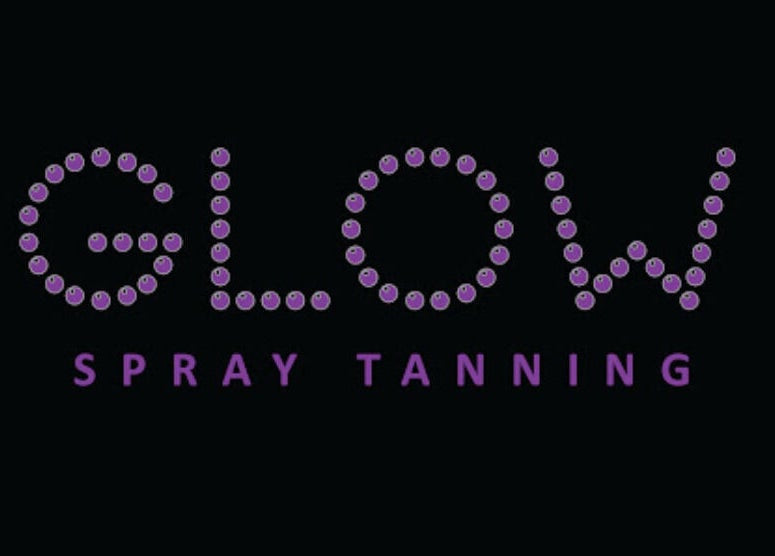 Logo of GLOW Spray Tanning by Rachel in Dundee, GB. Purple letters on black background.