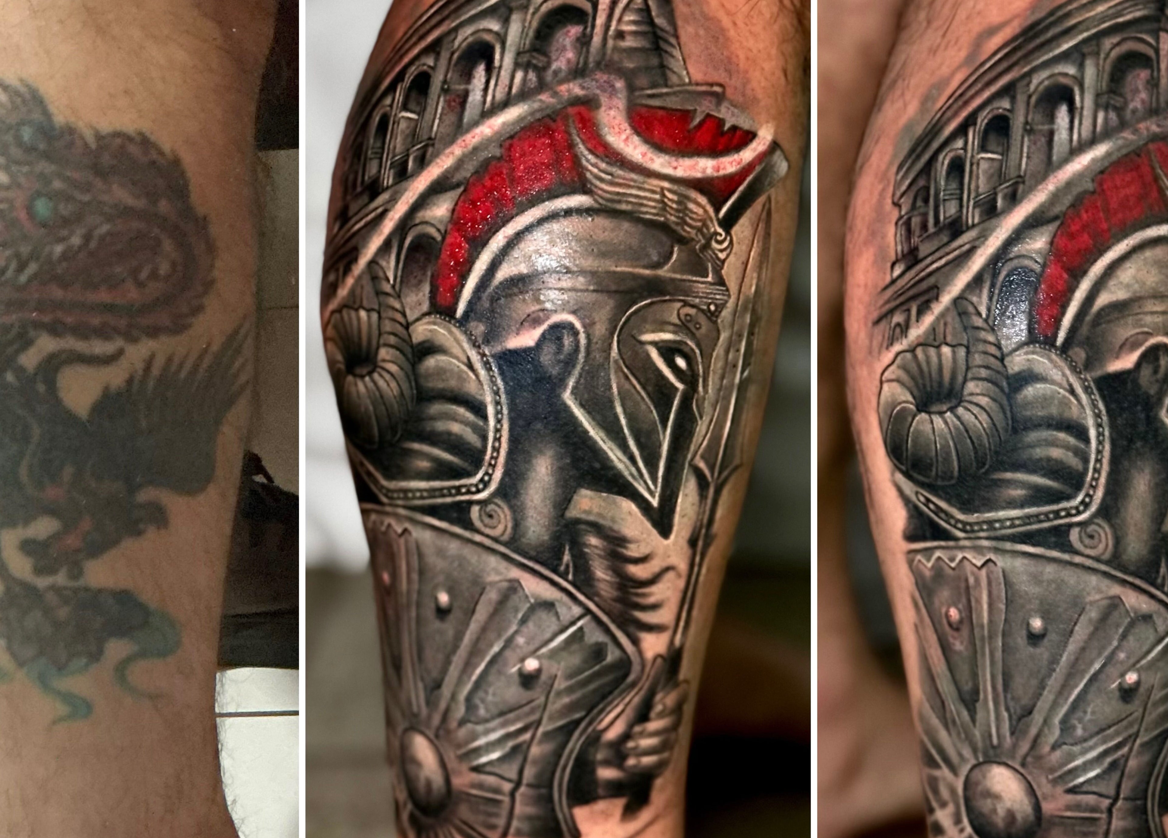 Tatuagem renovada com tema de guerreiro em Renan Campion Tattoo, São Paulo, São Paulo, BR.