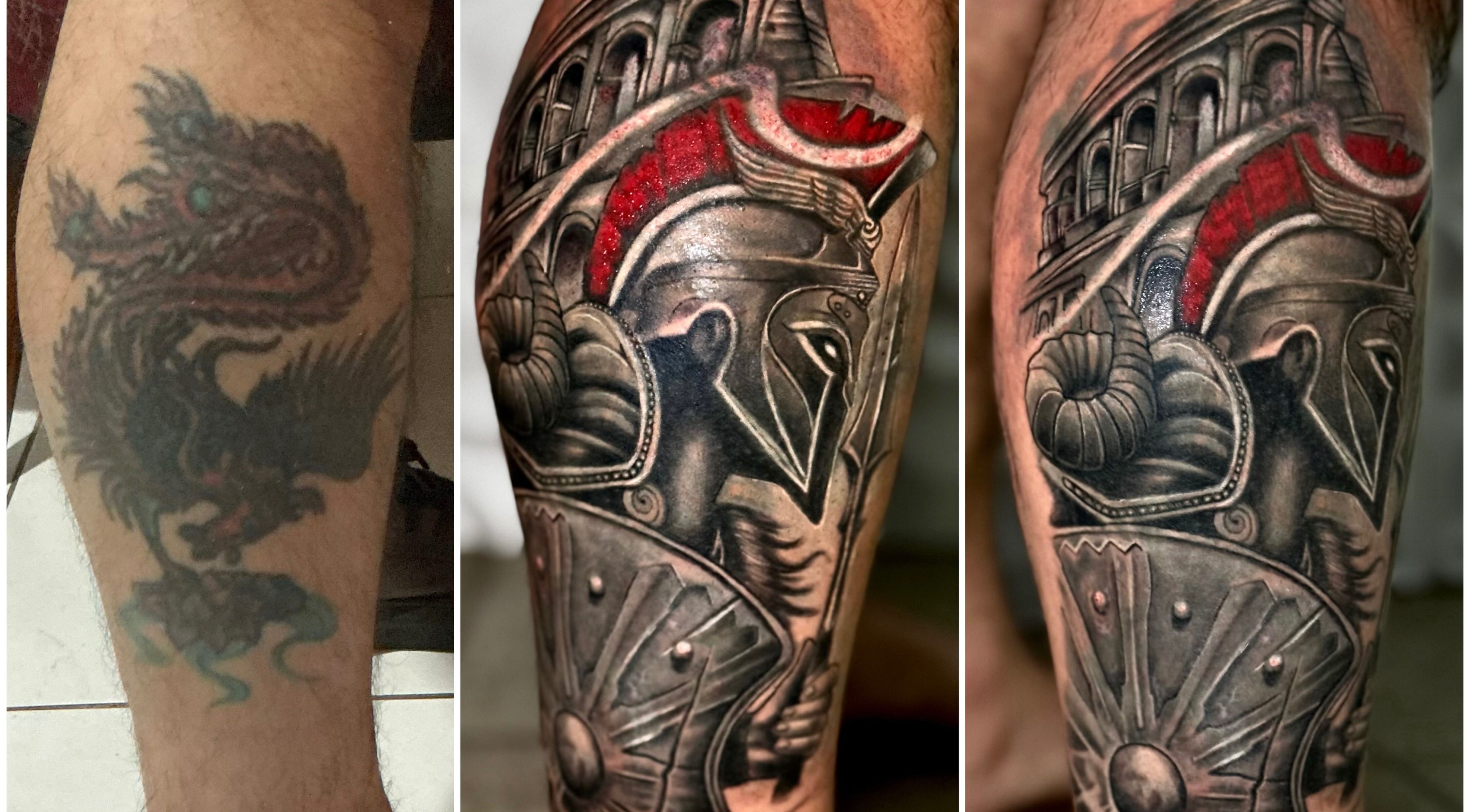 Tatuagem renovada com tema de guerreiro em Renan Campion Tattoo, São Paulo, São Paulo, BR.
