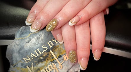 Golden glitter and white tip nails at Kacey Lee Nails & Beauty, Gorseinon, Wales, GB.