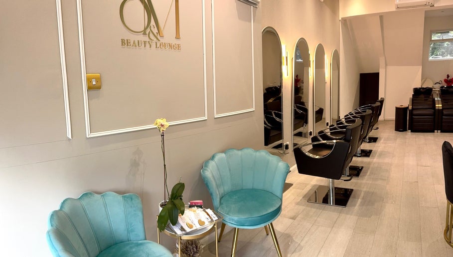 Chic interior view of S&M Beauty Lounge in London, England, GB with stylish seating and beauty stations.