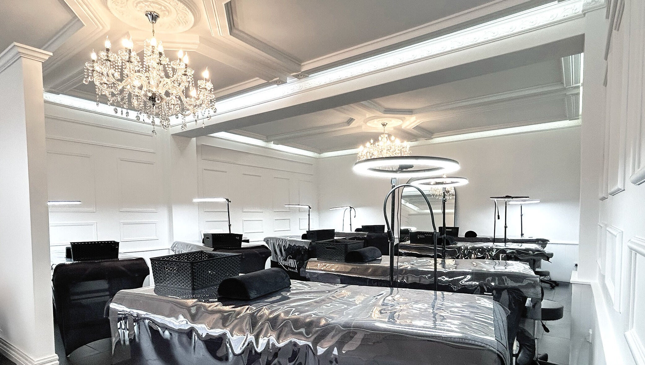 Luxurious interior of Lash Envy | Oakleigh with chandeliers in Oakleigh, VIC, AU.