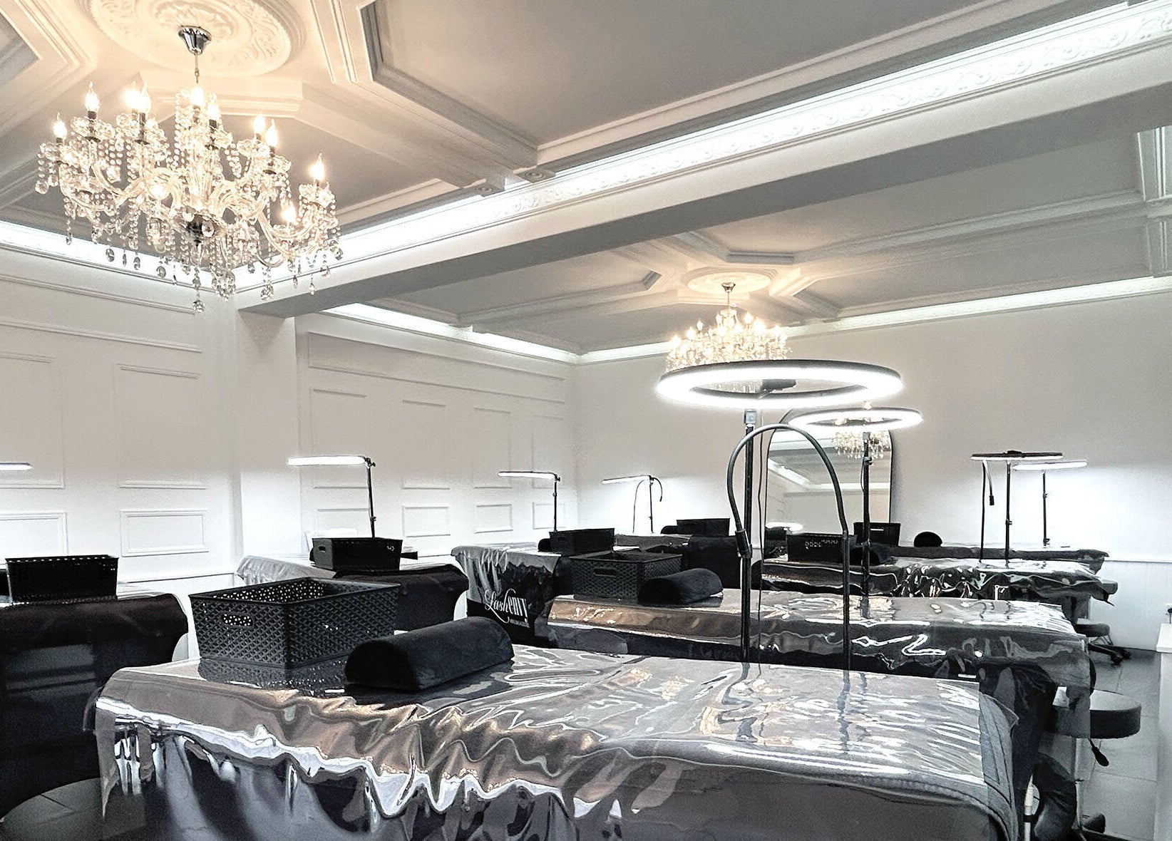 Luxurious interior of Lash Envy | Oakleigh with chandeliers in Oakleigh, VIC, AU.