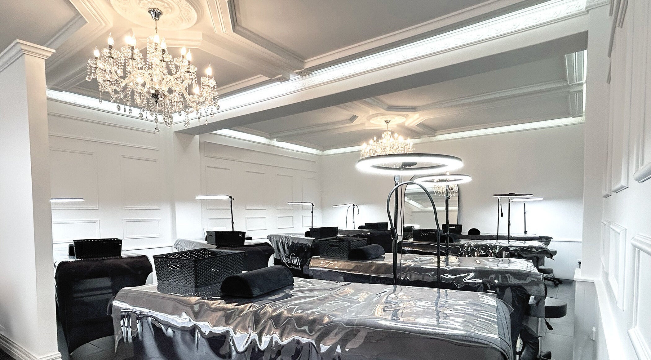 Luxurious interior of Lash Envy | Oakleigh with chandeliers in Oakleigh, VIC, AU.