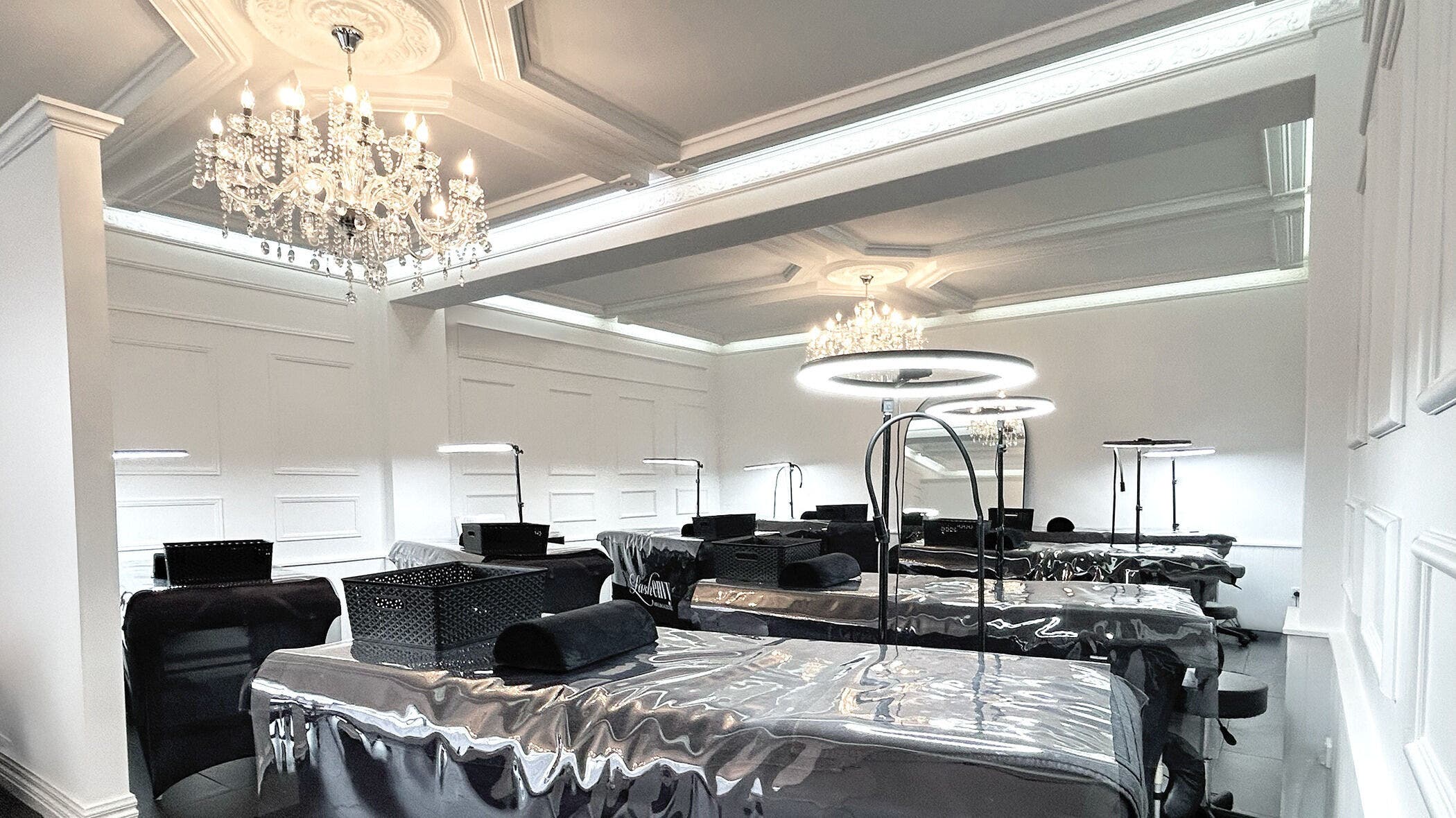 Luxurious interior of Lash Envy | Oakleigh with chandeliers in Oakleigh, VIC, AU.