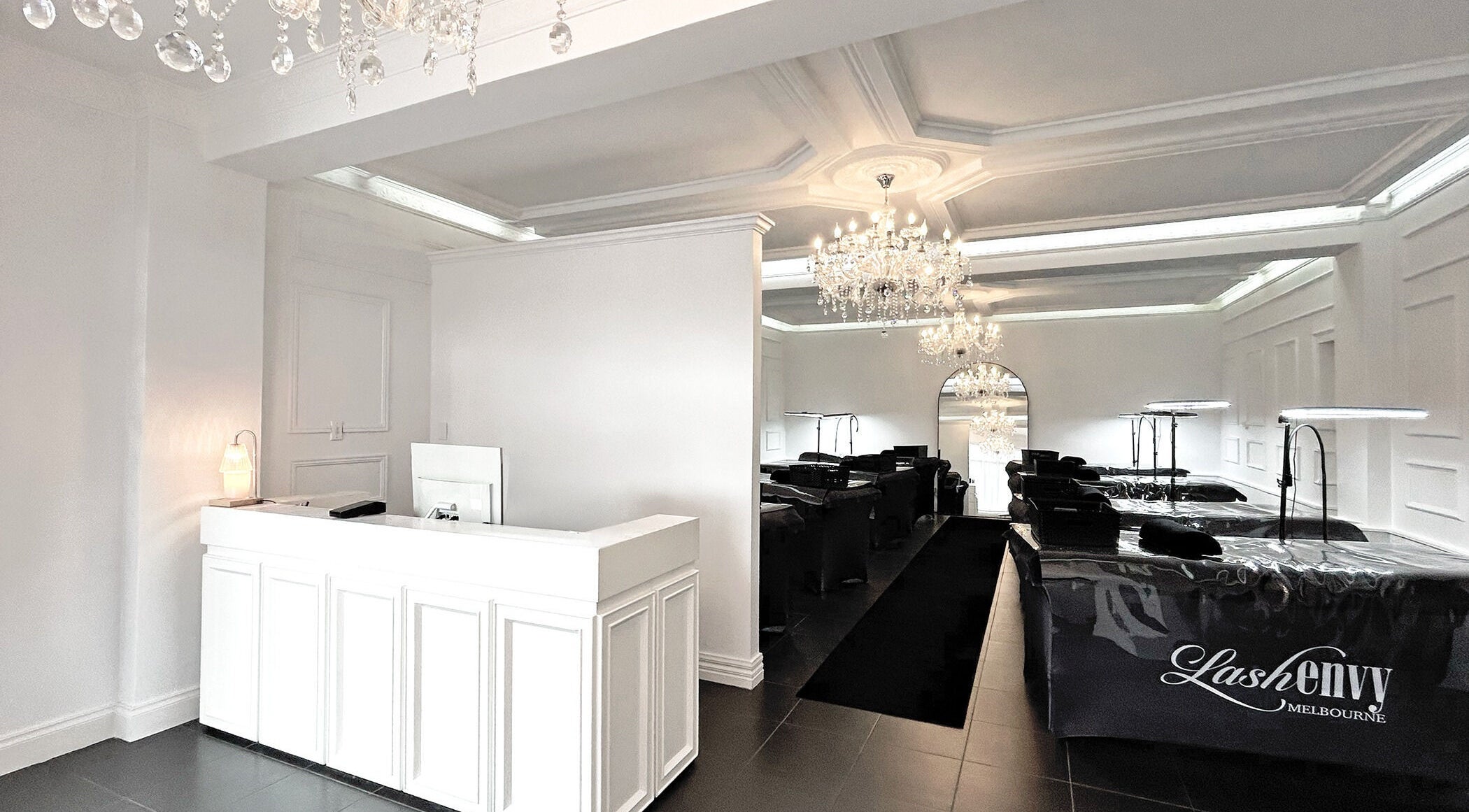 Chic interior of Lash Envy | Oakleigh, showcasing reception and luxury lash stations, Oakleigh, VIC, AU.