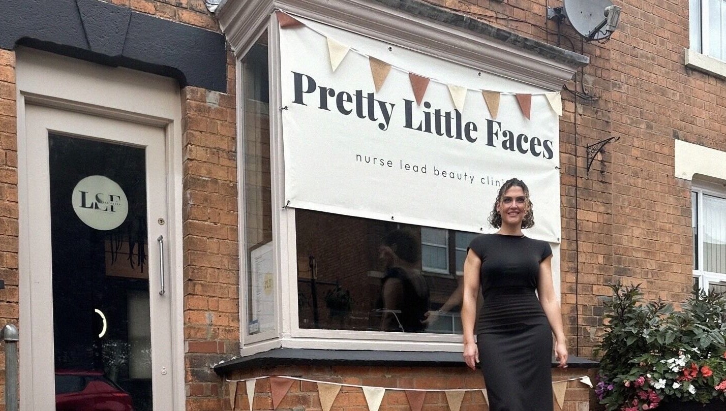 Entrance of PRETTY LITTLE FACES nurse led beauty clinic in Desborough, England, with welcoming signage.