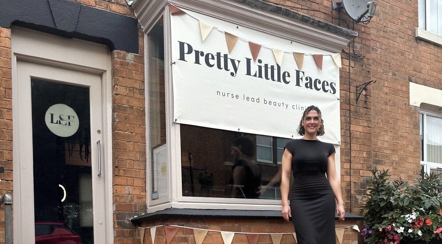 Entrance of PRETTY LITTLE FACES nurse led beauty clinic in Desborough, England, with welcoming signage.