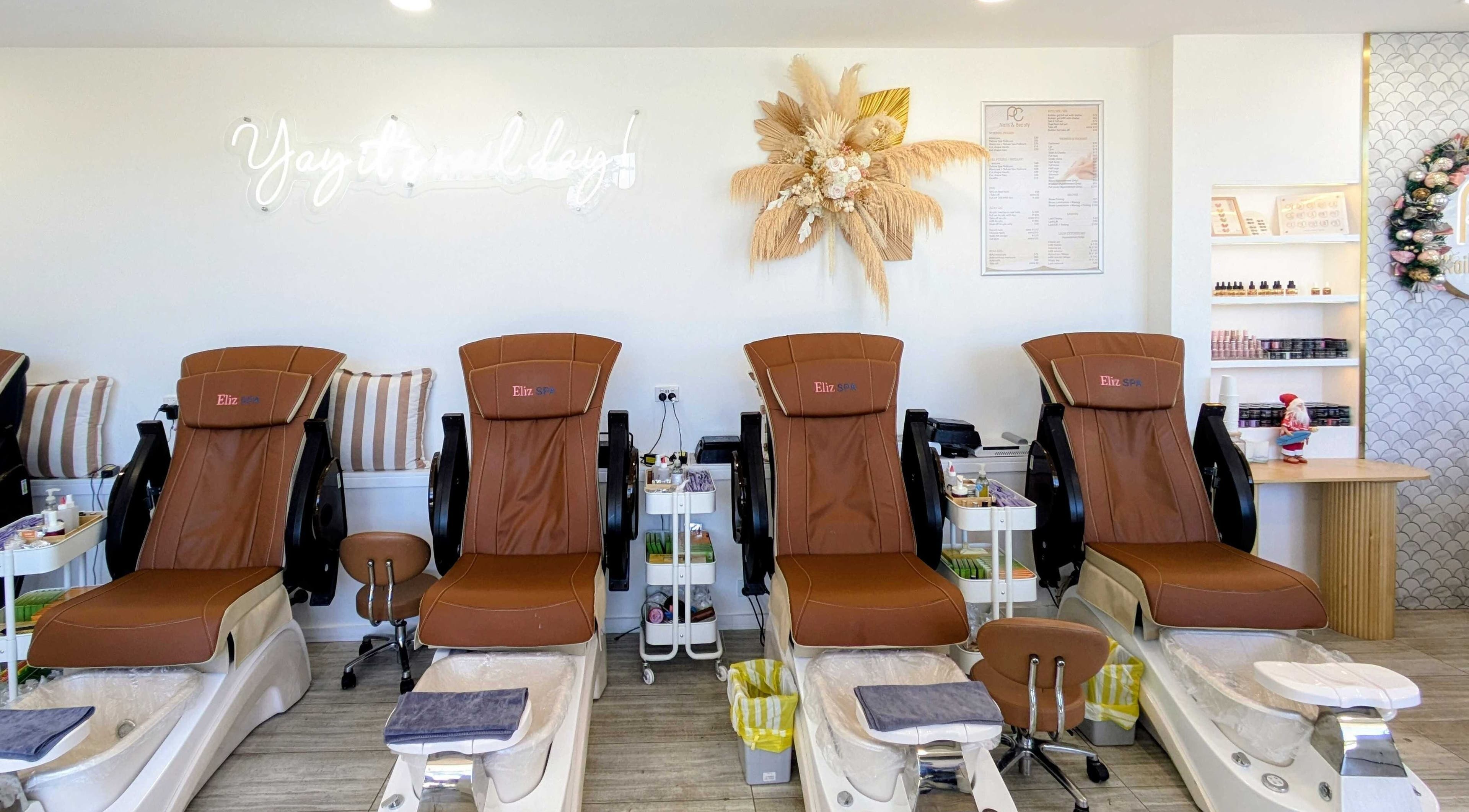 Luxurious pedicure chairs at PC nails and beauty, Newington, New South Wales, AU, inviting relaxation.