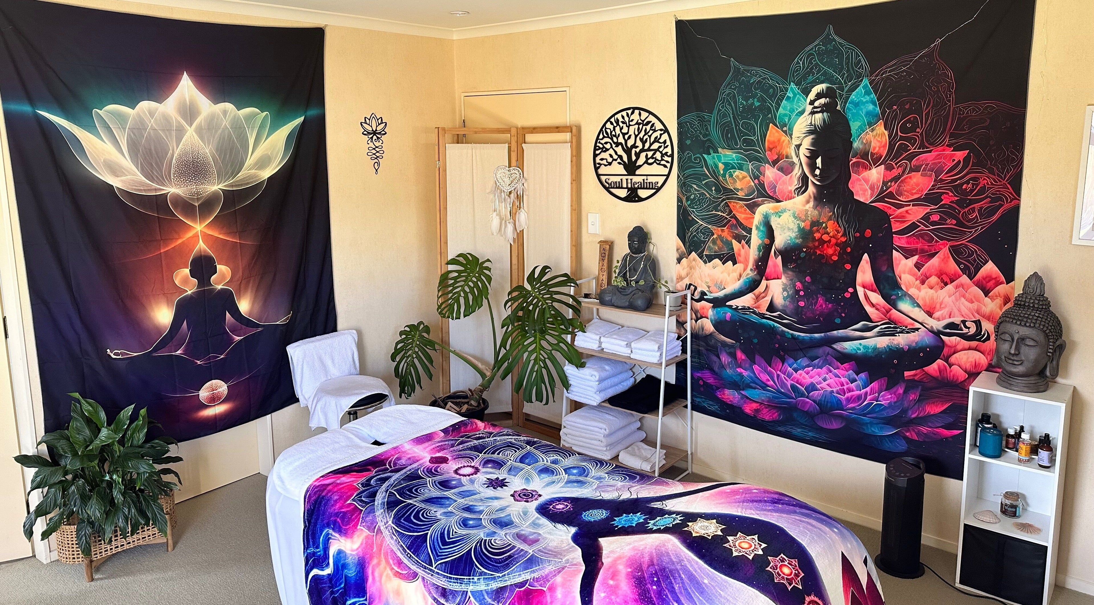 Soul Healing Massage Therapy room in Mount Maunganui, Bay Of Plenty, NZ with vibrant spiritual decor.
