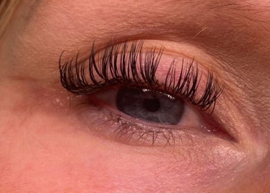 Close-up of eye with lush lashes at Dolled Up By Em, Oxspring, England, GB.