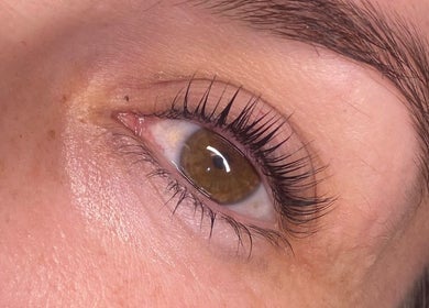 Close-up of a flawlessly done eyelash extension at Dolled Up By Em, Oxspring, England, GB.