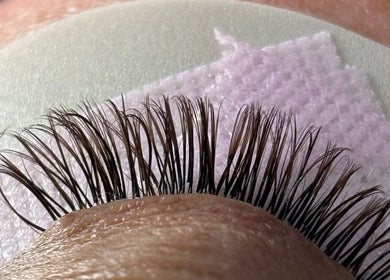 Close-up of expertly crafted eyelash extensions at Dolled Up By Em, Oxspring, England, GB.