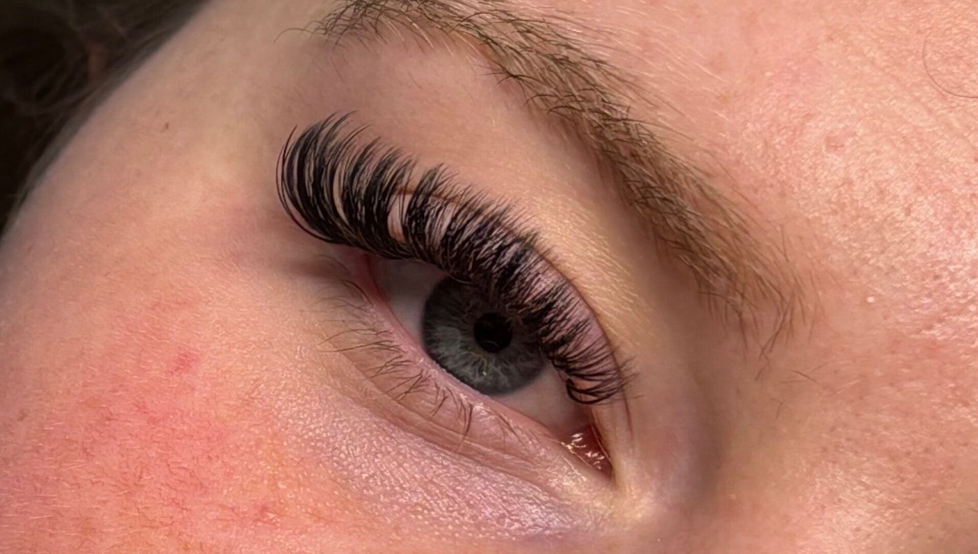 Close-up of exquisite eyelash extension from Dolled Up By Em at Oxspring, England, GB.
