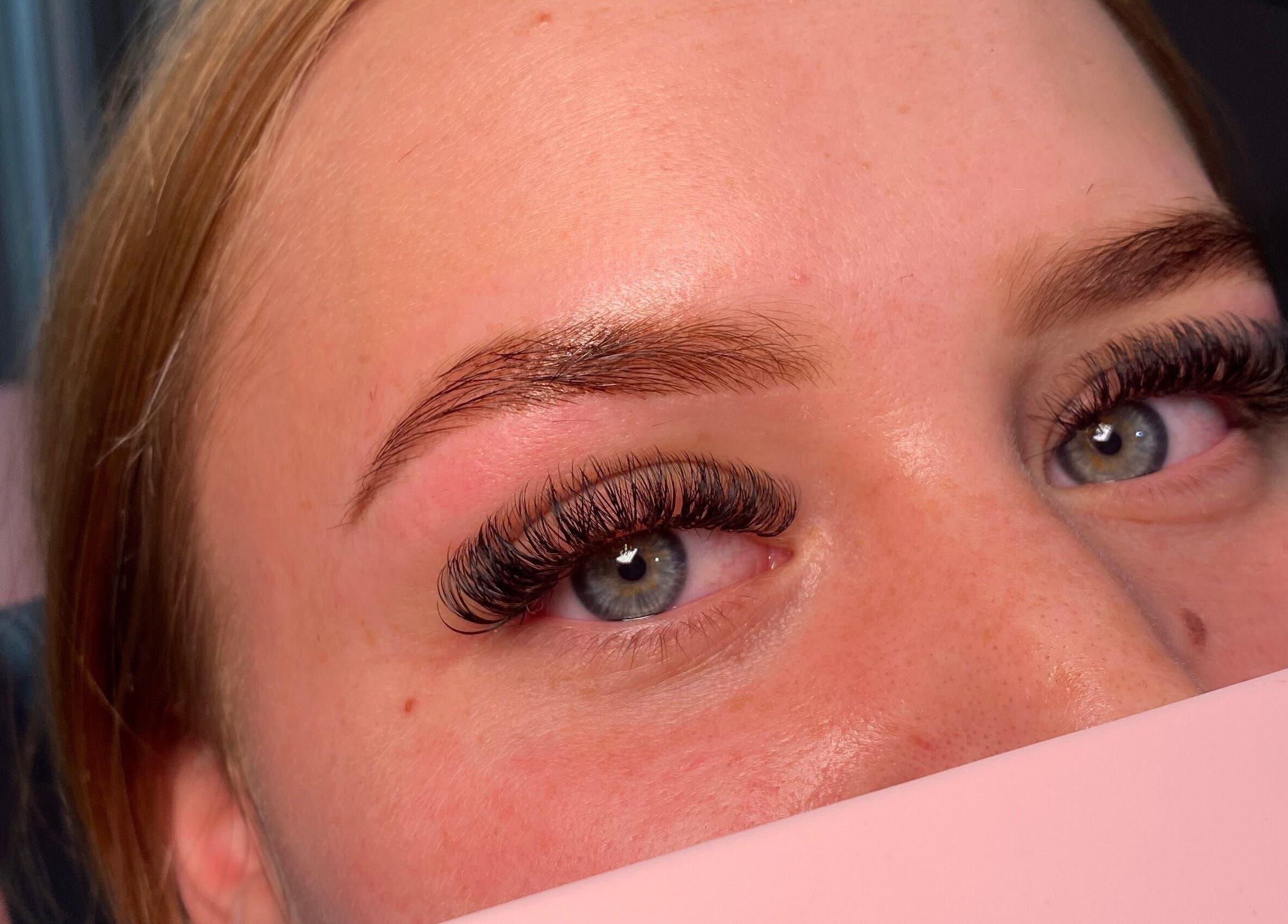 Close-up of elegant eyelash extensions at Dolled Up By Em, Oxspring, England, GB.