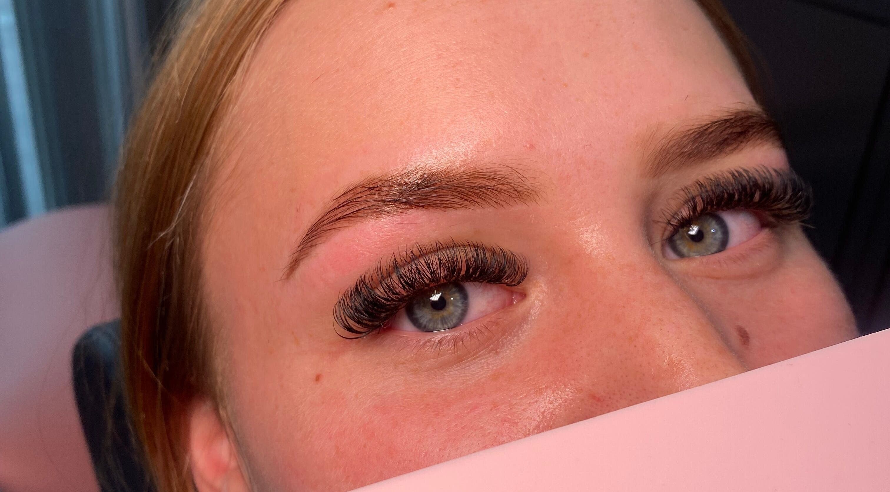 Close-up of elegant eyelash extensions at Dolled Up By Em, Oxspring, England, GB.