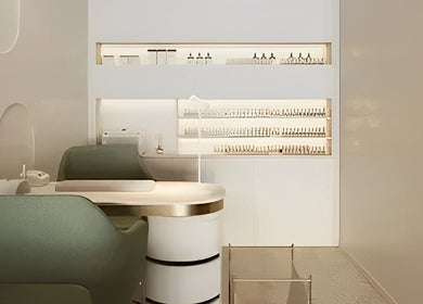 Interior of BrowChuk by Vlada in London, England, GB. Elegant, modern decor with plush seating and minimalist design.