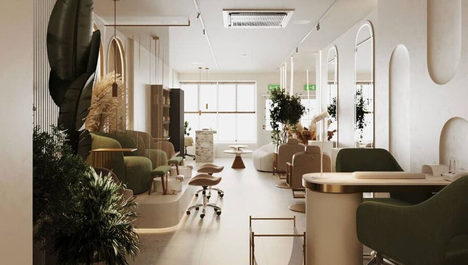 Interior of BrowChuk by Vlada in London, England, GB with modern chairs and ambient lighting.