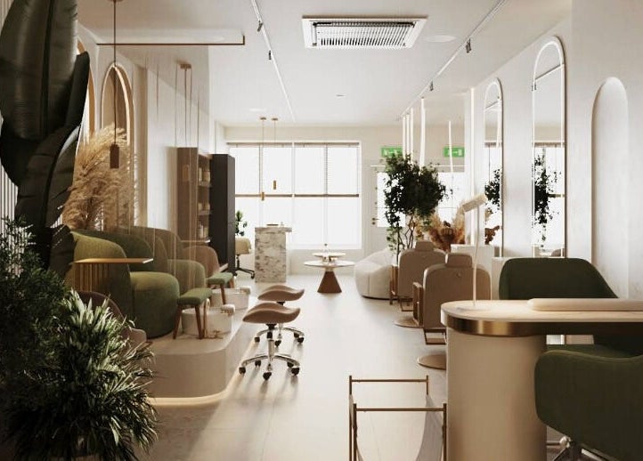 Interior of BrowChuk by Vlada in London, England, GB with modern chairs and ambient lighting.