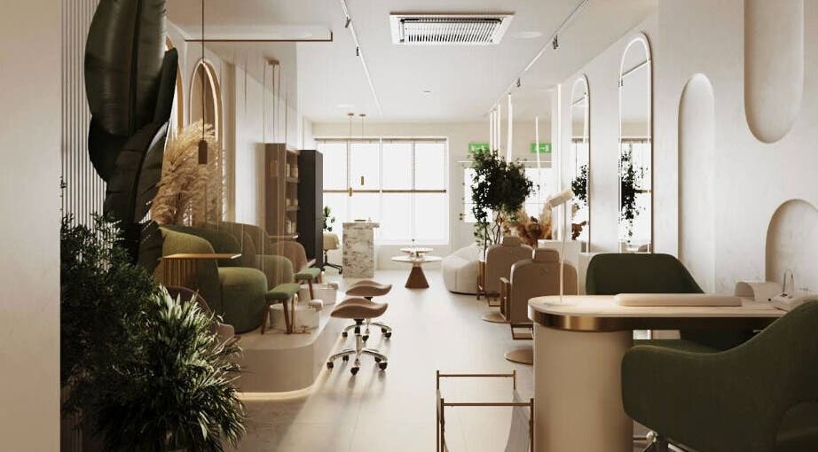 Interior of BrowChuk by Vlada in London, England, GB with modern chairs and ambient lighting.