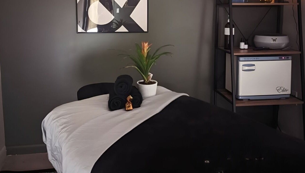 Relaxing treatment room at Prohibited Face and Body Bar, Quakertown, Pennsylvania, US with elegant decor.