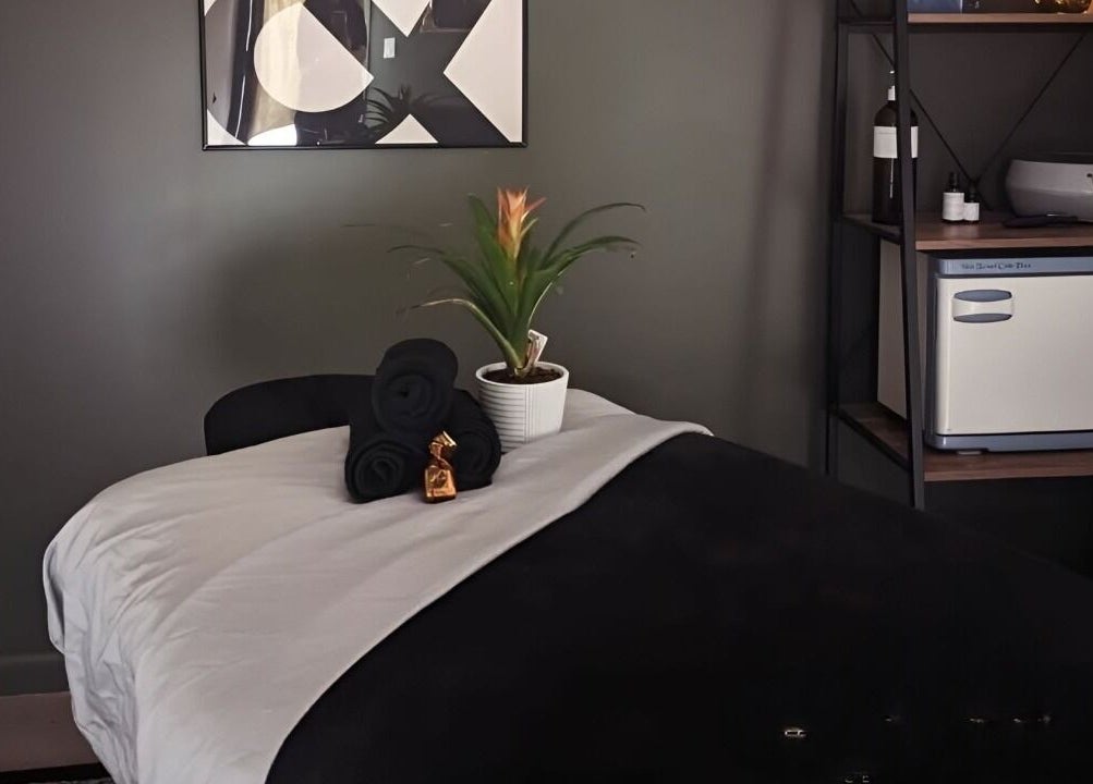 Relaxing treatment room at Prohibited Face and Body Bar, Quakertown, Pennsylvania, US with elegant decor.