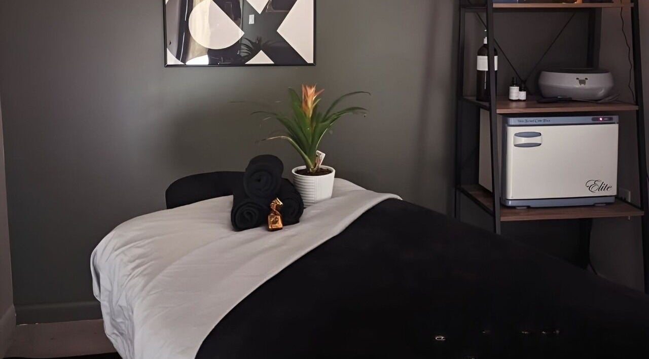 Relaxing treatment room at Prohibited Face and Body Bar, Quakertown, Pennsylvania, US with elegant decor.