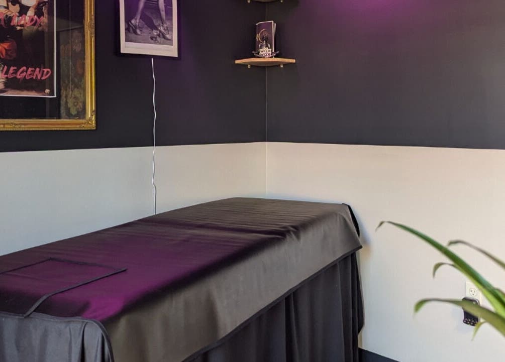 Calming treatment room at Prohibited Face and Body Bar in Quakertown, Pennsylvania, US, with cozy decor.