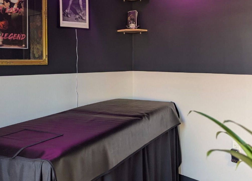 Calming treatment room at Prohibited Face and Body Bar in Quakertown, Pennsylvania, US, with cozy decor.
