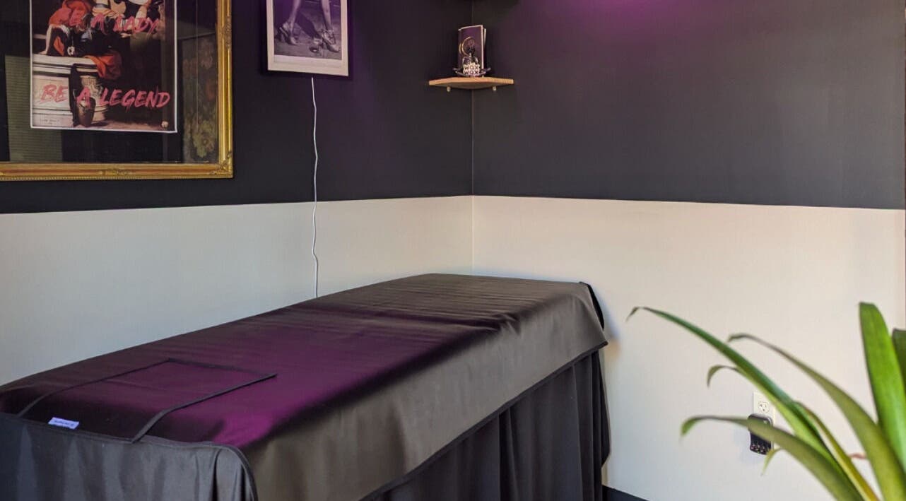 Calming treatment room at Prohibited Face and Body Bar in Quakertown, Pennsylvania, US, with cozy decor.