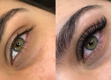 Before and after eyelash extensions at JL Lash Brow Room in Johns Creek, Georgia, US.