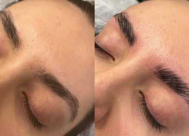 Brow transformation at JL Lash Brow Room, Johns Creek, Georgia, US. Before and after enhancement.