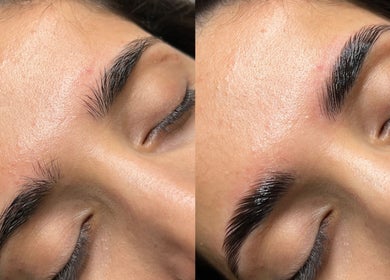 Before and after brow lamination at JL Lash Brow Room in Johns Creek, Georgia, US.