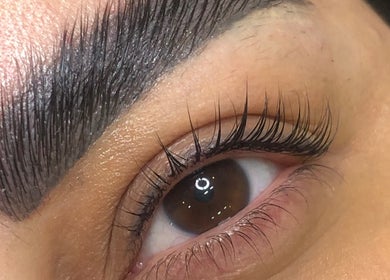 Close-up of enhanced lashes at JL Lash Brow Room, Johns Creek, Georgia, US.
