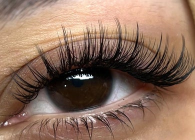 Close-up of eyelash extensions at Lash Brow Room, Johns Creek, Georgia, US, showcasing expert beauty treatments.