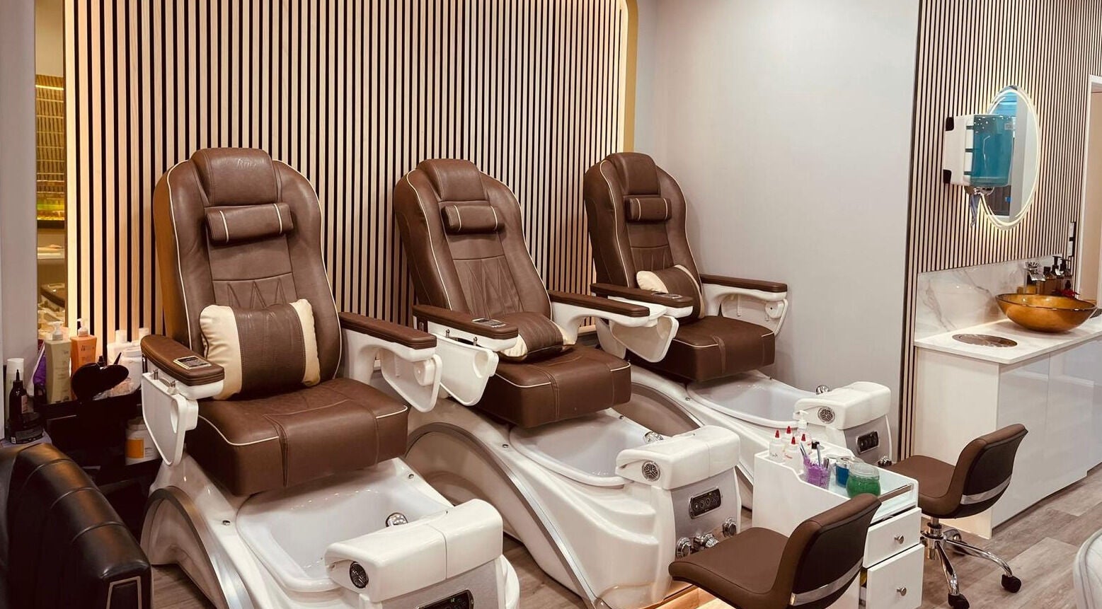 Luxurious pedicure chairs at Top Nail And Beauty, London, England, GB, offering a serene spa experience.