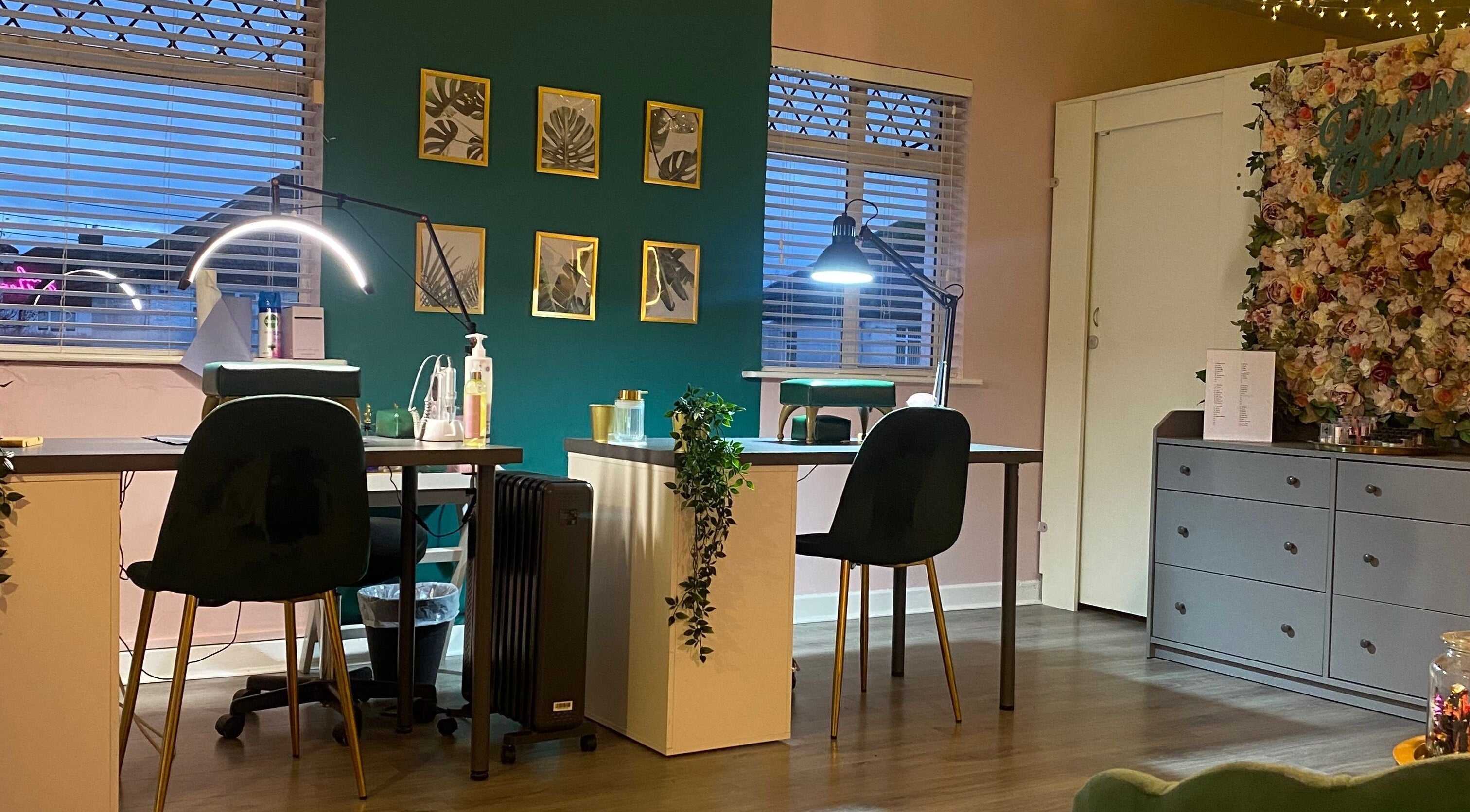 Cozy nail station at Elegance Beauty Salon, Dublin, County Dublin, IE showcasing modern decor and floral accents.